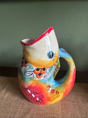 Hand Painted Ceramic Fish Pitcher Vase Mediterranean Greek Folk Art Coastal
